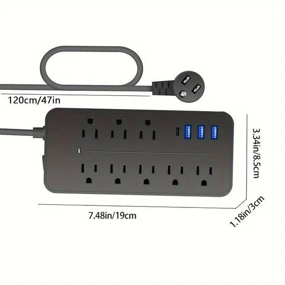 Surge Protector 8 AC Plug Power Strip 4 Foot Cord Outlets 3 USB & 1 USB-C Port - Picture 7 of 7